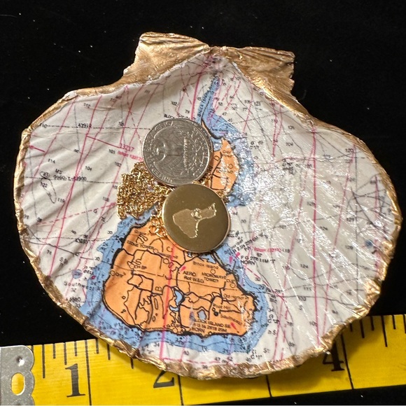 Hand crafted decopauged scallop shell. Block Island nautical chart. Jewelry dish - Picture 2 of 5